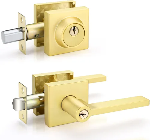 Vista 40 de EHOMEWARE Juego de manijas dobles para puerta delantera, paquete de 1 manija de puerta cuadrada de latón satinado, combinación de perilla de puerta
