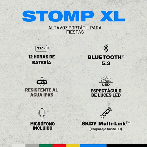 Vista 2 de Skullcandy Stomp XL Altavoz Bluetooth - Altavoz portátil inalámbrico impermeable IPX7, con espectáculo de luz LED y modos estroboscópico, batería