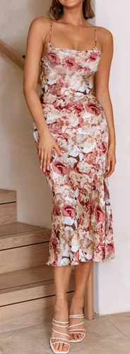 Vista 2 de Vestido de satén para mujer, tirantes delgados, cuello holgado, espalda descubierta, formal y largo por debajo de la rodilla para fiesta, boda