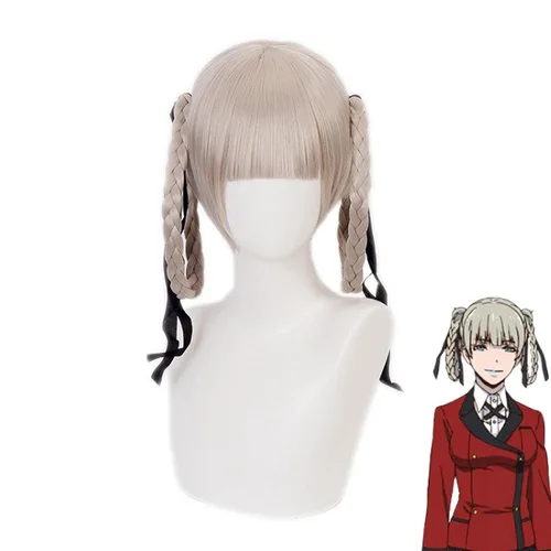 Vista 2 de SYIBOO Anime Kakegurui Kirari Momobami 35cm Short Wigs Gray Braids Styled Clip on Cosplay Wig+ Wig Cap