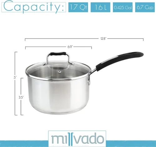 Vista 7 de Millvado Sartén de acero inoxidable de 1.7 cuartos de galón con tapa de vidrio transparente y marcas de medición permanentes, olla de ebullición