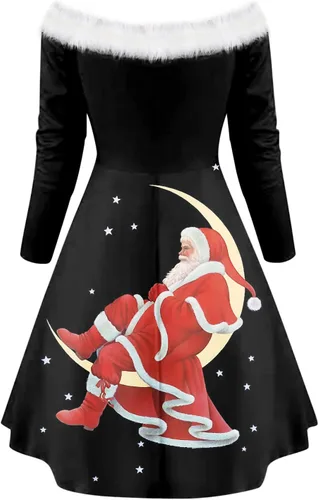 Vista 3 de ZPWSHI Vestidos de Navidad para mujer, con hombros descubiertos, manga larga, cuello en V, vestido largo peludo, acampanado, vestido de fiesta