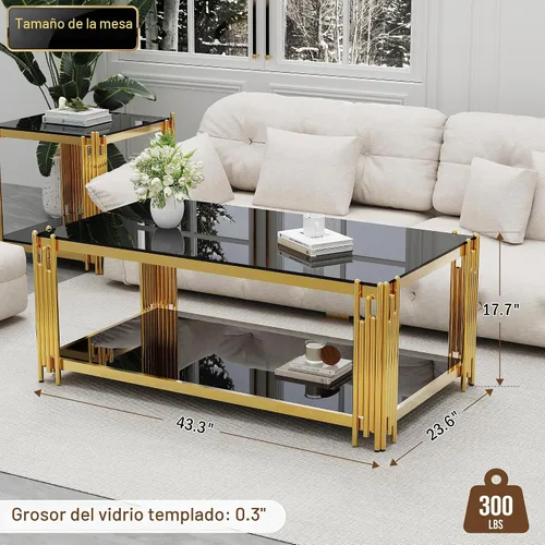 Vista 2 de Mesa de centro de cristal negro de 43 pulgadas, mesa moderna para sala de estar, acero inoxidable dorado, patas de metal, rectangular, de vidrio