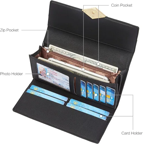 Vista 4 de Cartera de cuero suave para mujer con tres pliegues y organizador de tarjetas