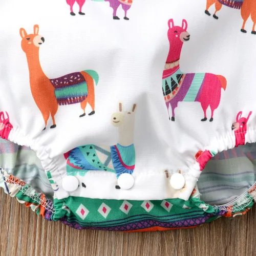 Vista 5 de Lamuusaa Mameluco de verano para bebé recién nacido y niña con patrón de alpaca colorido