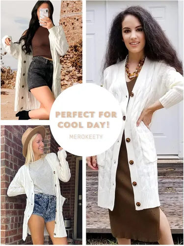 Vista 5 de MEROKEETY - Cárdigan largo de punto trenzado para mujer, suéter tejido de manga larga, abierto por delante y con botones, ropa para exteriores