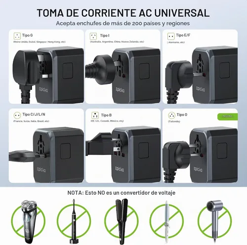 Vista 4 de EPICKA Adaptador de viaje universal, adaptador de enchufe de viaje europeo (no un convertidor de voltaje), adaptador de corriente internacional Gris