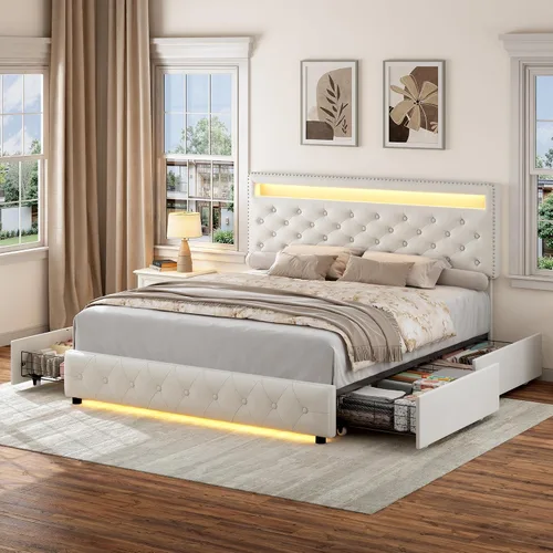 Vista 10 de Torana - Base de cama con luces LED, cabecero ajustable y 2 cajones, color blanco PU