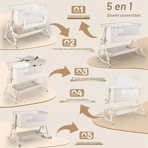 Vista 5 de Moisés para Bebé 5 en 1, Moisés de Bebé junto a la Cama con Mesa de Pañales, Mosquitera, Colchón, Capa de Almacenamiento, Se Puede Guardar en Cuna