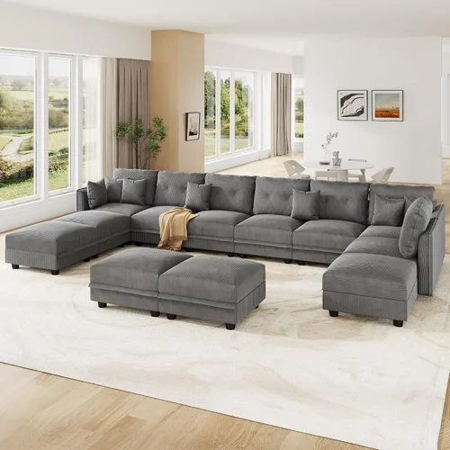 Vista 16 de LLappuil Sofá Seccional Modular con Asientos de Almacenamiento, Sofá Modular Convertible de Pana Chaise para Sala de Estar, Sofás de 5 Plazas con 3