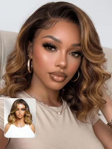 Vista 20 de Nadula Peluca Precortada 13x4 HD Ondas Sueltas Castaño Ombré Marrón con Cordón Cabello Humano con Flequillo Face Framing, Peluca Frontal de Encaje