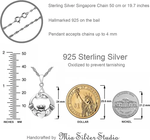 Vista 6 de 925 Sterling Silver Irish Claddagh Necklace - Trinity Celtic Knot Pendant with 20" Inch Chain - Hands Holding Heart Crown Charm - Love Celtic