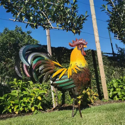Vista 4 de Estatua de gallo para decoración de jardín de 18 pulgadas de metal de pollo para patio, magnífico y orgulloso gallo de hierro para decoración