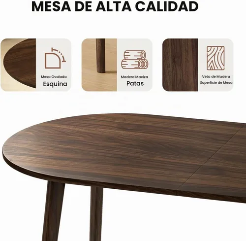 Vista 6 de Juego de mesa de comedor ovalada de 63 pulgadas para 4 personas con patas de madera maciza 5 Piece Walnut Dining Table Set for Kitchen and Dining