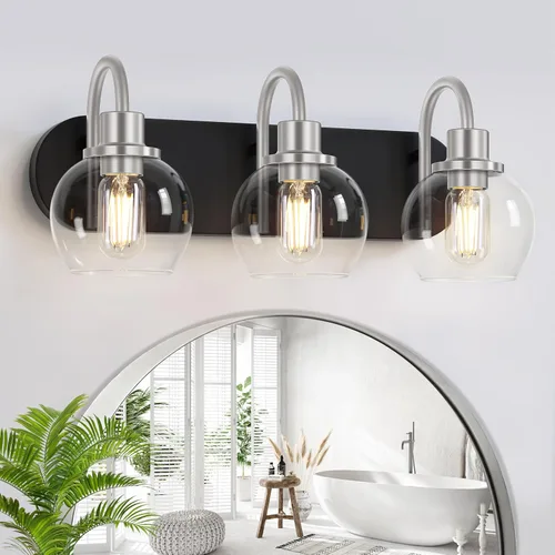 Vista 8 de Dpyrrhic Moderna lámpara de tocador de 2 luces, accesorio de iluminación de baño sobre espejo con pantalla de vidrio transparente y base de metal