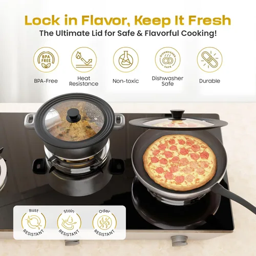 Vista 7 de Tapa universal para ollas y sartenes de 7.5 a 11.5 pulgadas, juego de tapas de vidrio templado con borde de silicona de tamaño automático, 2 Negro