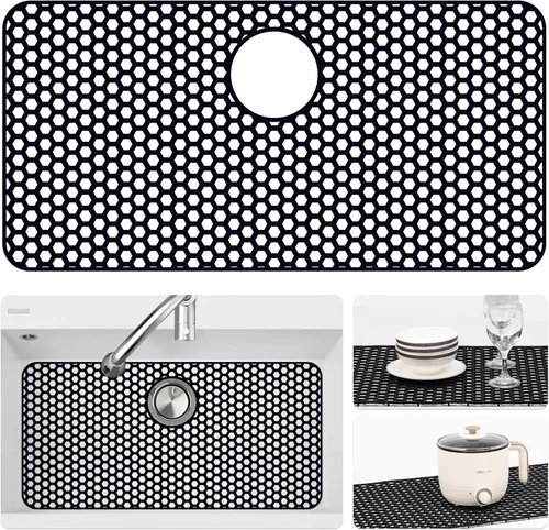 Vista 43 de Bestjing Paquete de 2 protectores de silicona para fregadero de cocina, accesorio de rejilla de cocina de 12 x 11 pulgadas, tapete antideslizante