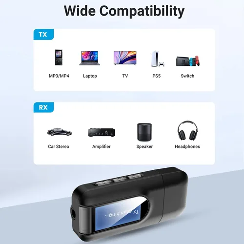 Vista 6 de Receptor transmisor USB Bluetooth 5.0, adaptador de audio inalámbrico con pantalla y micrófono para llamadas manos libres y transmisión de música