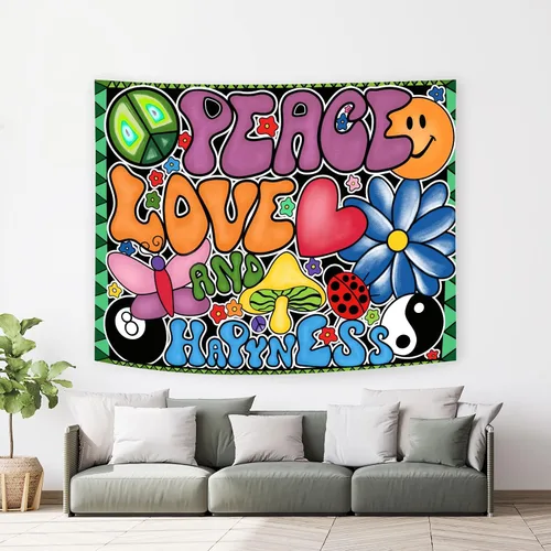 Vista 5 de Yanikki Tapiz de pared con signo de paz hippie de 50 x 60 pulgadas, diseño retro de los años 70 para colgar en la pared, decoración bohemia estética