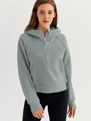 Vista 2 de WYNNQUE Sudadera corta con capucha para mujer, manga larga, forro polar, media cremallera, ropa de otoño