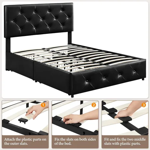 Vista 4 de Yaheetech Base de cama tapizada con 4 cajones de almacenamiento y cabecera ajustable, plataforma de piel sintética con base de colchón, fuerte