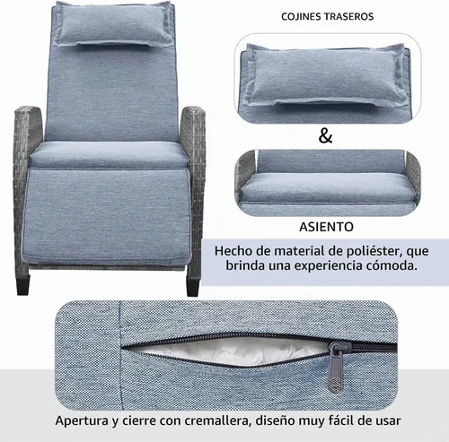 Vista 4 de Juego de 2 sillas reclinables para exteriores para patio con mesa de centro de mimbre, cojín cómodo, ángulo ajustable, sillas reclinables