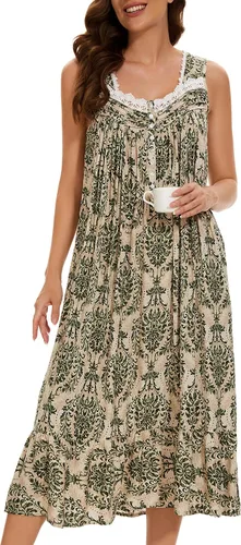 Vista 25 de AVIIER Camisones de algodón para mujer, sin mangas, vestido de casa largo con bolsillos, S-XXL Flor negra