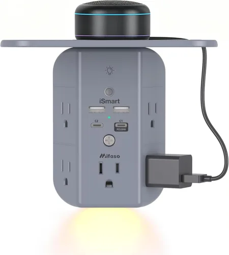 Vista 11 de Extensor de toma de pared con estante y luz nocturna, protector de sobretensiones, cargador de pared USB con 5 salidas de CA y 3 puertos USB A, 1