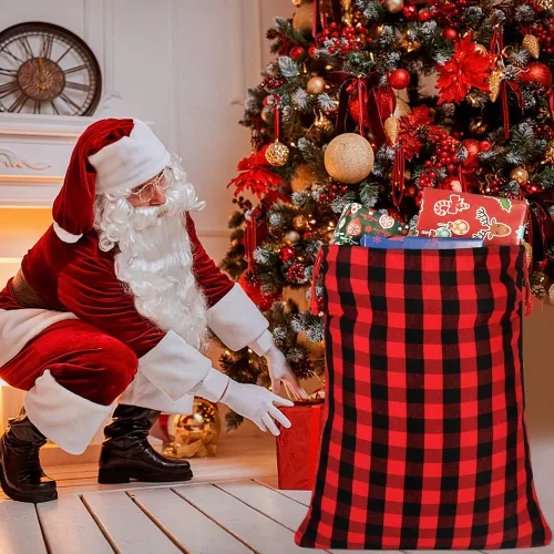 Vista 7 de HRX Package 2 bolsas de algodón de Papá Noel, bolsas de Navidad de tela a cuadros de 28 x 20 pulgadas, bolsas de Navidad reutilizables con etiqueta