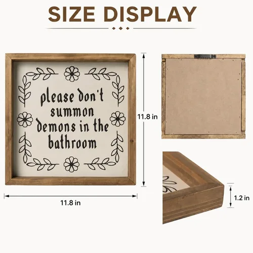 Vista 3 de flangairy Letrero de madera de 11.8 pulgadas con texto en inglés «Please Don't Summon Demons In The Bath», decoración de pared de baño de madera