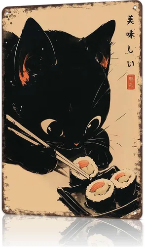 Vista 9 de Cartel de metal con diseño de gato japonés vintage, póster de gato negro comiendo ramen, retro divertido animal comida para amantes de los fideos