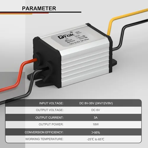 Vista 4 de DROK? Convertidor de corriente de coche impermeable de alta eficiencia DC12V a 6 V/3 A. Reduce el voltaje del módulo 9-22 V a 6 V., 1