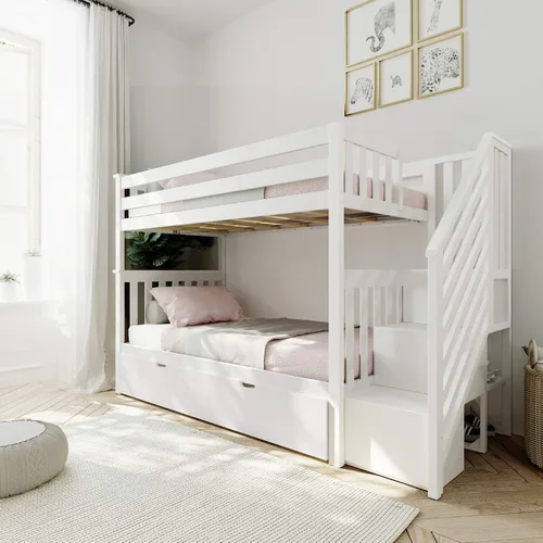 Vista 8 de Max & Lily Litera, marco de cama individual sobre matrimonial para niños con escaleras y nido, color blanco Arcilla
