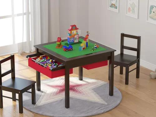 Vista 3 de UTEX - Juego de mesa de construcción para niños 2 en 1 de madera con dos sillas y cajones de almacenamiento, y placa empotrada compatible