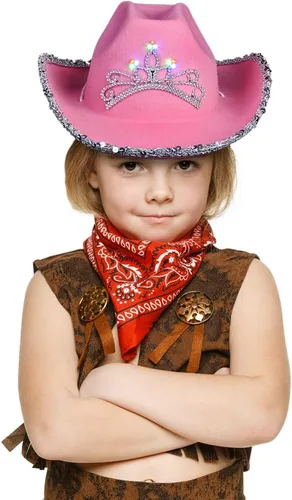 Vista 5 de ArtCreativity Sombrero de vaquero rosa iluminado para niñas, sombrero de vaquera brillante con lentejuelas y una deslumbrante tiara LED, lindo