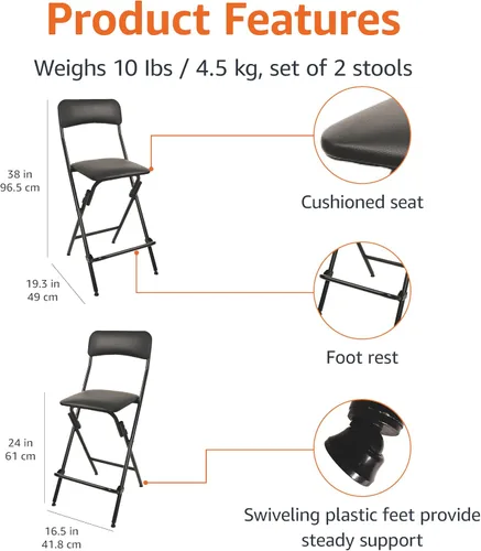 Vista 3 de Amazon Basics Taburete plegable con reposapiés, capacidad de 300 libras, 24" de altura, negro, juego de 2