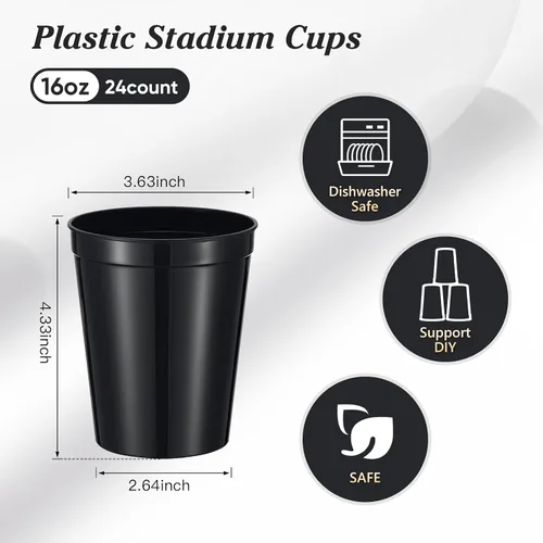 Vista 2 de Mifoci 24 vasos de plástico para estadios en blanco, reutilizables, apilables, para fiestas de cumpleaños, bodas, Mardi Gras (16 onzas, negro)