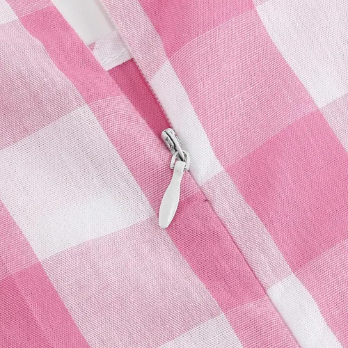 Vista 4 de ODASDO Vestido de cuadros rosa para mujer, estilo vintage, Rockabilly de los años 50, con tirantes delgados, acampanado, vestido midi para cóctel