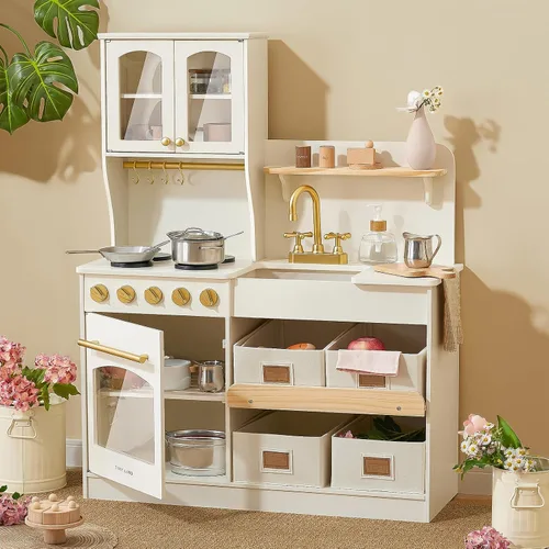 Vista 2 de Tiny Land Cocina de juego de madera con sistema de almacenamiento de juguetes y juegos de comida de madera para jugar a partir de 3 años