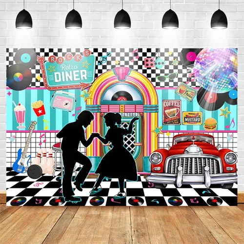 Vista 4 de Avezano Fondo retro de 7 x 5 pies de regreso a los años 50 Rock and Roll Retro Diner Disco Danza Fotografía Fondo de los años 50 Fiesta Tema Banner