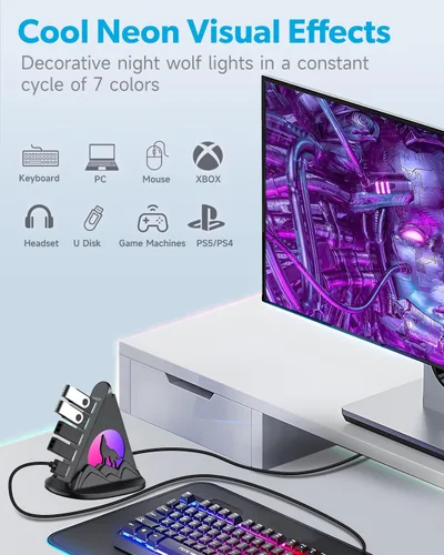 Vista 5 de Hub USB 3.0, concentrador USB de 7 puertos con luz nocturna RGB y base, divisor USB vertical para escritorio, laptop, MacBook, Xbox, PS4/5, consola