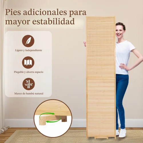 Vista 4 de Divisor de pared de bambú de 6 paneles, pantalla plegable con base extra