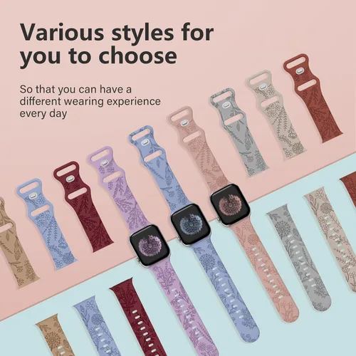 Vista 4 de Paquete de 3 correas grabadas con flores compatibles con Apple Watch de 1.496 pulgadas, 1.575 pulgadas, 1.614 pulgadas, 1.654 pulgadas, 1.732