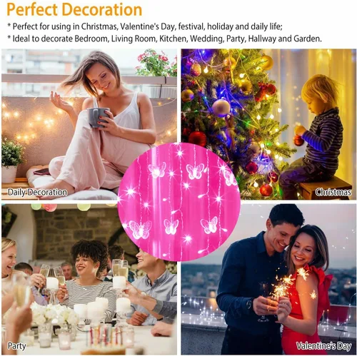 Vista 5 de Lainin - Tira de luces alimentadas por USB de 13 pies, 96 luces LED, 18 cuerdas de mariposas, tira de luces de hadas de 8 modos para fiestas Rosa