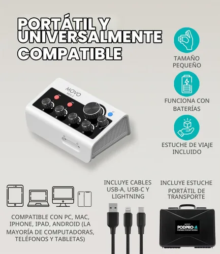 Vista 3 de Movo - Paquete de equipo de podcast portátil para teléfonos iPhone/Android, kit de podcast con interfaz de audio, 2 micrófonos dinámicos CastMic, 2