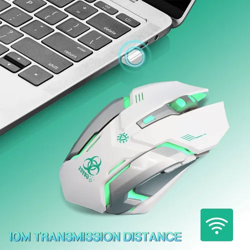 Vista 3 de VEGCOO Ratón inalámbrico blanco para juegos, mouse inalámbrico de clic silencioso con 3 niveles DPI, mouse de computadora recargable con luces LED