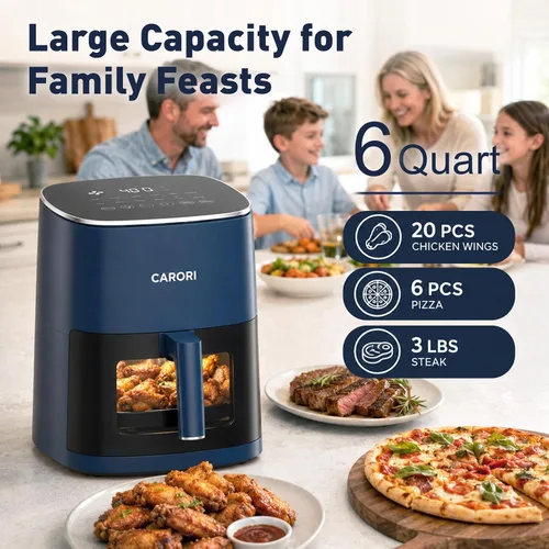 Vista 5 de CARORI Freidora de aire de 6 cuartos de galón con ventana de visión, 12 preajustes, 1700 W, 400 °F máximo, cesta antiadherente grande apta para Azul