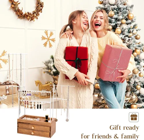 Vista 7 de Organizador de joyas de madera con 2 cajones, regalos para el día de San Valentín para mujeres y niñas, 5 niveles de altura ajustable, organizador