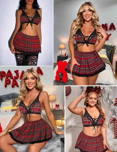 Vista 2 de Avidlove Conjunto de lencería sexy para mujer juego de roles disfraz de estudiante falda