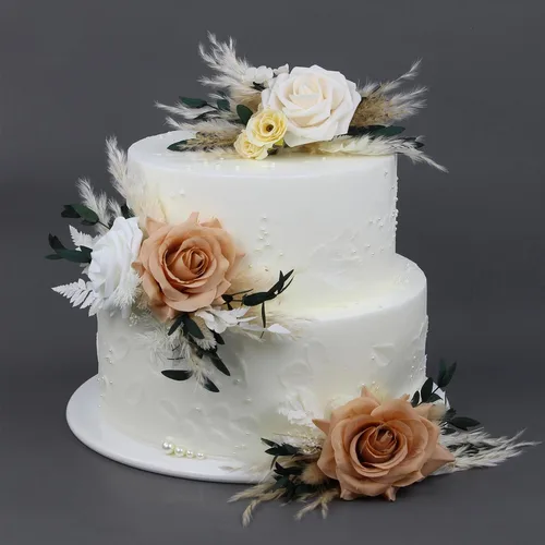 Vista 4 de Rinlong 3Pcs Premade Cake Flowers, Pampas Beige Wedding Cake Decor Beige y almendra